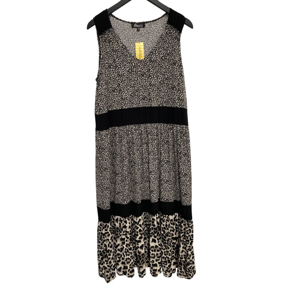 Mimozzas Leopard Tiered Midi Dress Womens Small Sleeveless Animal Print Wild NEW
